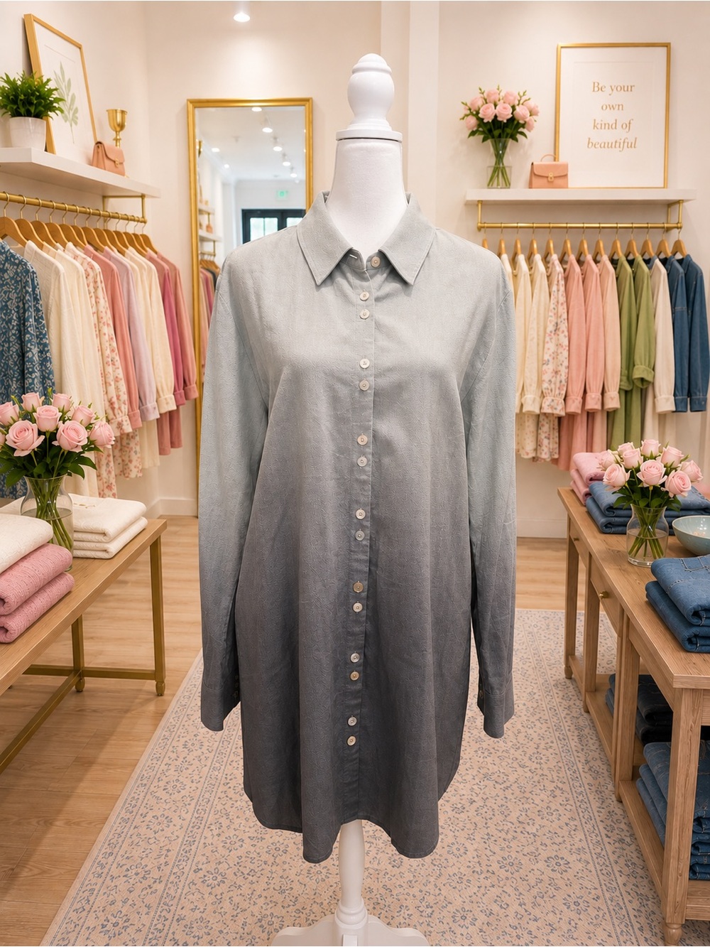 Soft Surroundings Gray Ombré Button Front Tunic Top